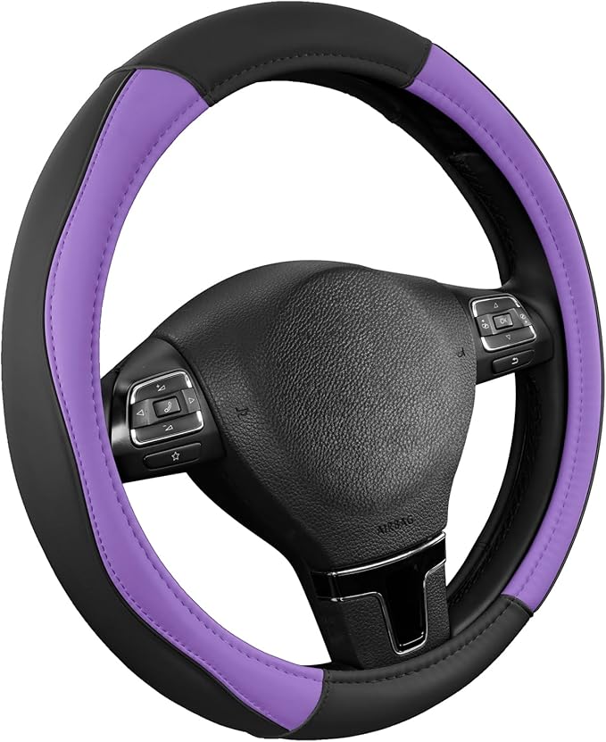 Road Comforts Leather Steering Wheel Cover with Decorative Trim and Piping, Anti-Slip Breathable Design, Fits 14.5–15 Inch Ro