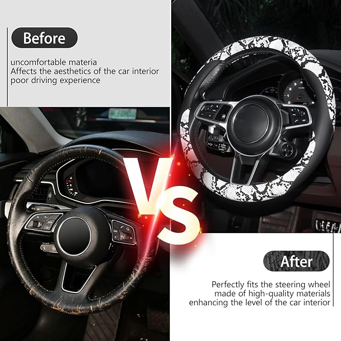 ZHOL Snake Skin Steering Wheel Cover Leather 14.5-15 Inch, Reversible Car Steering Wheel Cover for Women Men, Anti-Slip Desig