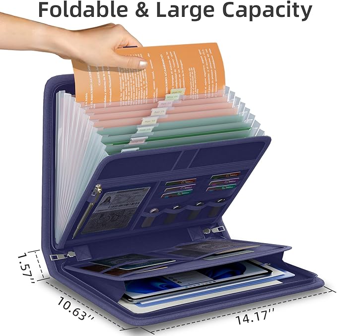 Fireproof Accordion File Organizer, Portable Expanding File Folder with Waterproof Zipper&Labels, Blue Document Organizer wit