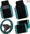 NBTEPEM Bling Car Floor Mats Full Set and Steering Wheel Cover, Universal Fit Most Cars, 4 pcs Sparkle Glitter Diamond Carpet, 5 pcs Bling Car Accessories Set for Women (Aquamarine Diamond)