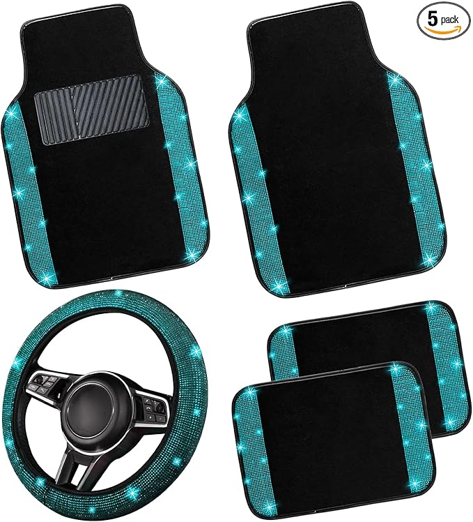NBTEPEM Bling Car Floor Mats Full Set and Steering Wheel Cover, Universal Fit Most Cars, 4 pcs Sparkle Glitter Diamond Carpet, 5 pcs Bling Car Accessories Set for Women (Aquamarine Diamond)