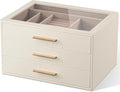 pickpiff Jewelry Box Organizer Case for Women: 3-Layer Jewelry Storage Case with Glass Window, Ivory Leather with Pink Velvet