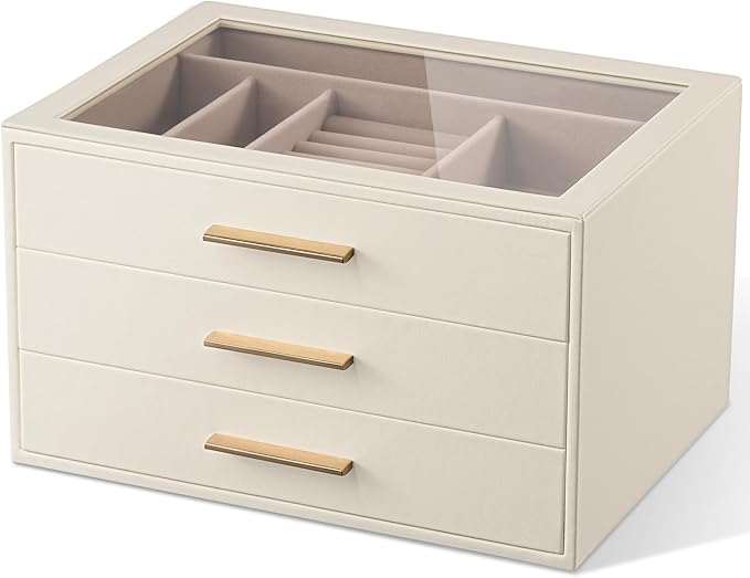 pickpiff Jewelry Box Organizer Case for Women: 3-Layer Jewelry Storage Case with Glass Window, Ivory Leather with Pink Velvet