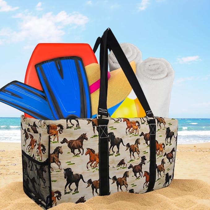 NGIL Extra Large Utility Tote Reusable Grocery Organizing Bag Oversized Collapsible for Storage, Picnic,Car, Beach (Wild Horse-black)