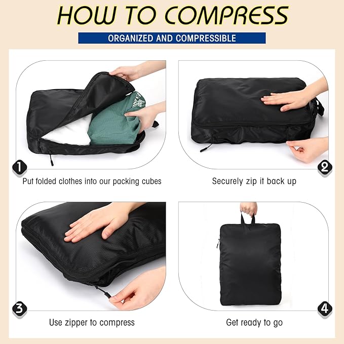5 Pack Compression Packing Cubes for Travel Space Saving Cubes Luggage Organizer for Suitcase(Black,M)