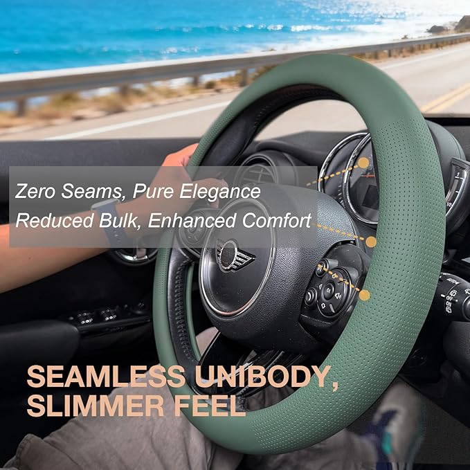 PINCTROT Nappa Leather Steering Wheel Cover, Slim Fit No Bulk Design, One Piece Leather with Breathable Perforation, Fit Like