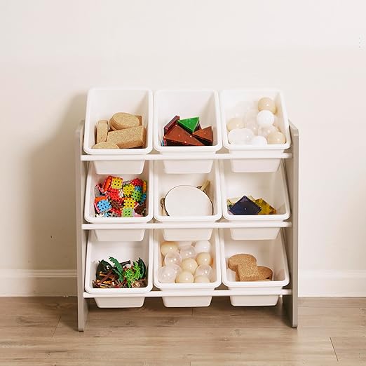 ECR4Kids 3-Tier Organizer with 9 Bins, Toy Storage, Grey/White