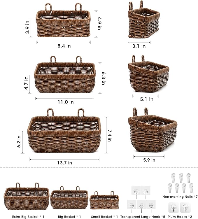 AceList Wall Hanging Basket, Boho Style Hand-Woven Hanging Storage Baskets - Set of 3, Ideal for Boho Room Decor, Kitchen, Ga