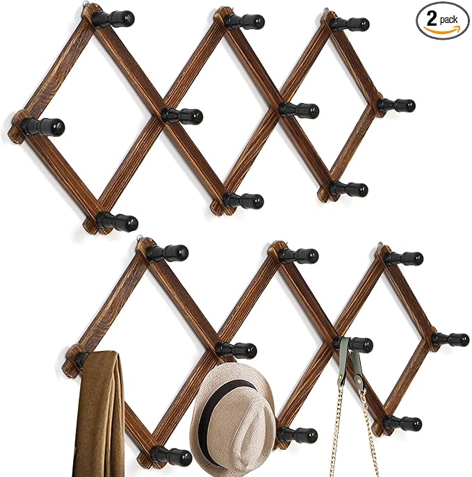 WGFKVAS 2 Pack Accordion Hat Rack for Wall - Expandable Coat Rack & Wall Mounted Hat Holder - Wooden Wall Hanger with 10 Peg 