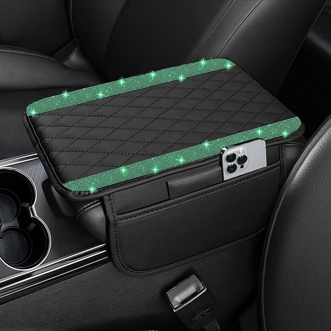 NBTEPEM Bling Car Center Console Cover, Leather Car Arm Rest Cover Cushion with 2 Storage Bags, Universal Auto Armrest Protector Storage Box, Bling Accessories Interior for Most Vehicles (Green)