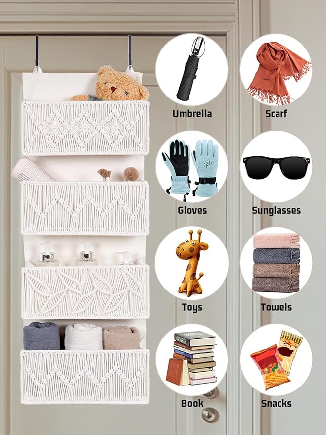 Macrame Over the Door Organizer Boho Decor Nursery Storage, Leaf Weaving Closet Organizers and Storage，with 4 Hanging Pockets