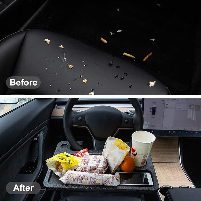 CarQiWireless Auto Steering Wheel Desk for Tesla Model 3 Model Y S X (Not for Yoke), Hollow Steering Wheel Tray for Laptop, Tablet, iPad, Or Notebook - Car Travel Table with Food Hook and Eating Tray