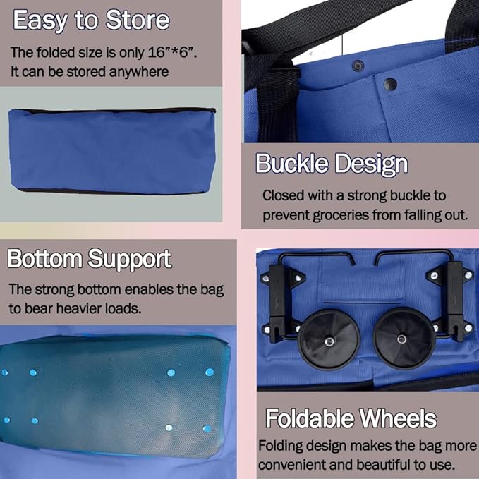 Collapsible Shopping Grocery Bag with Wheels Rolling Tote Bag with Wheels Large Reusable Shopping Bags Foldable Cart(Blue,Large)
