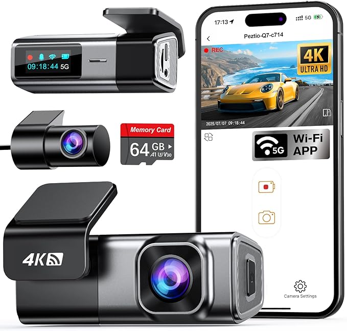 Navycrest 4K Dash Cam Front and Rear with 64GB Card, Built-in 5G WiFi, Dash Camera for Cars 4K Front and 1080P Rear, Dashcams