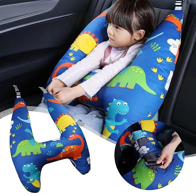 Car Seat Belt Pillow and Adjuster Kit for Kids, Travel Pillow Headrest Neck Support Cushion Seatbelt Cover and Safety Strap Protection Pad for Body Protector Rest (Dinosaurs)