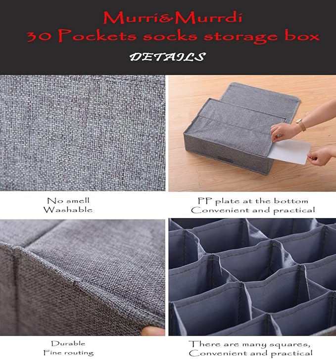 MURRI&MURRDI 2 Packs Sock and Underwear Storage Closet Organizer with Lids, 30 Cells Foldable Drawer Divider, Linen Cotton St