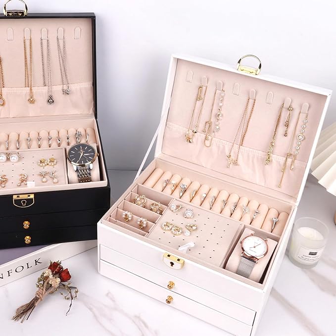 3 Layer Jewelry Box Organizer with Drawers, Lockable PU Leather Jewelry Storage Case for Mothrer's Day gifts Necklace Earring