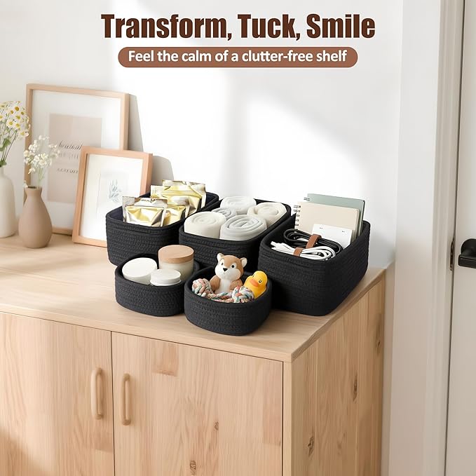 5-Pack Small Woven Rope Storage Baskets – 2 Sizes Organizer Bins for Closet, Shelf, Bookshelf, Nursery, Changing Table, Fabri