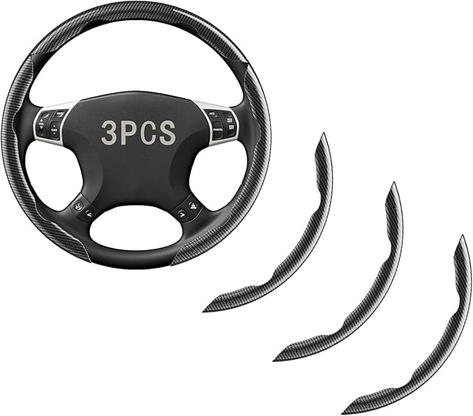 Steering Wheel Covers, 3PCs Carbon Fiber Anti-Skid Clip on Car Steering Wheel Cover Protector Universal for Most Car Wheel, B