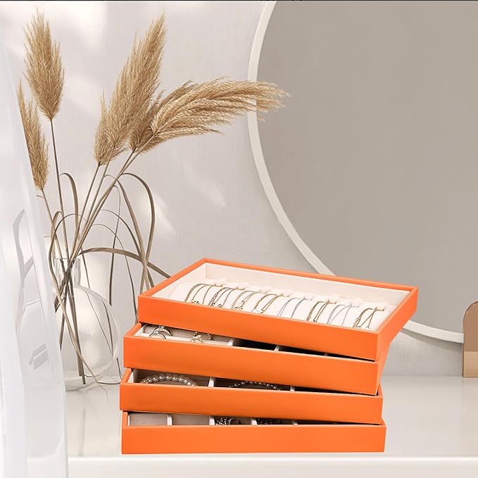 LANDICI Stackable Jewelry Organizer Trays 4 Set,PU Leather Jewelry Organizer Drawer,Jewelry Storage Display Tray for Earring 