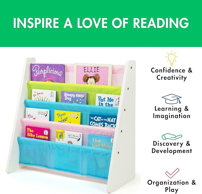 Humble Crew 4-Tier Kids Bookshelf, White Wood/Pastels - Premium Book Shelf for Kids Rooms with Four Deep Pockets - Toddler Sl
