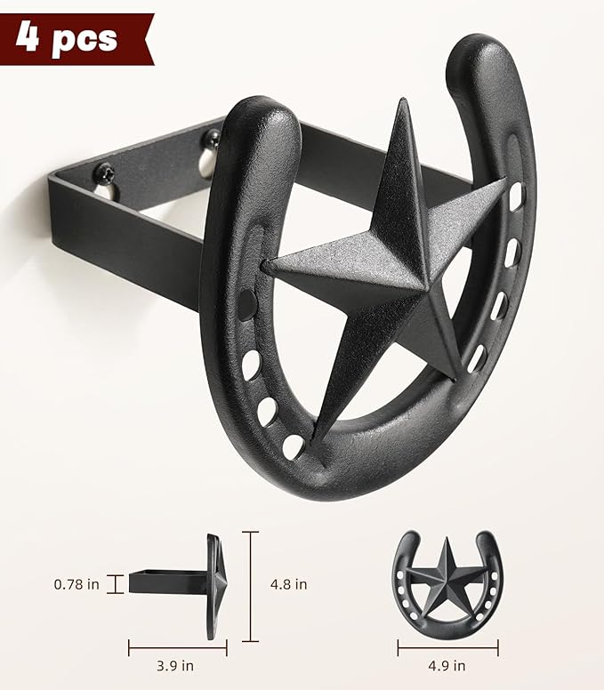 Cowboy Hat Hook for Wall, 4 Pack Cowboy Hat Rack, Metal Horseshoe Hanger, Hat Organizer, Western Hook for Wall, Hat Holder Di