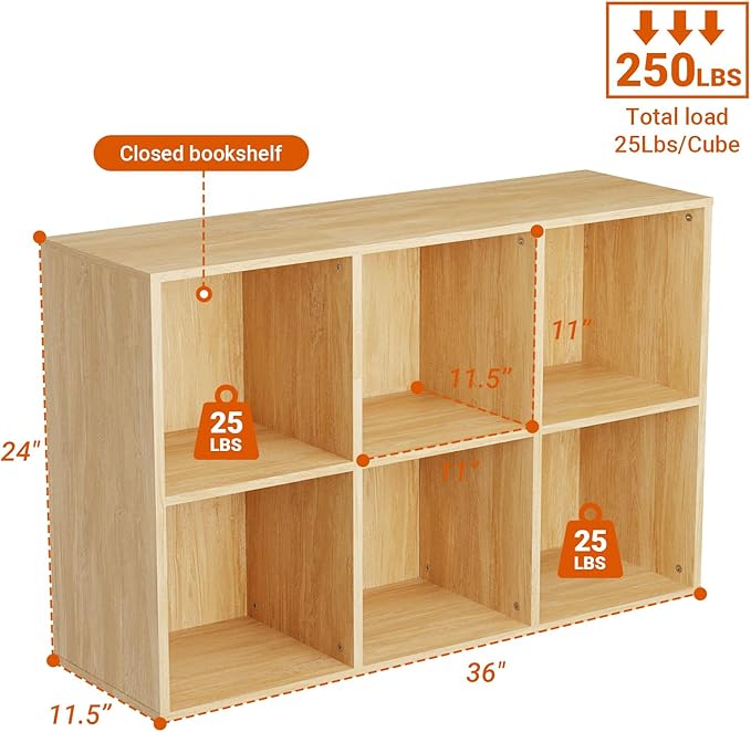 Wooden 6 Cube Storage Organizer with Closed Back Panel, Modern Open Cube Storage Shelf Bookshelf with Compartments, Cube Shel