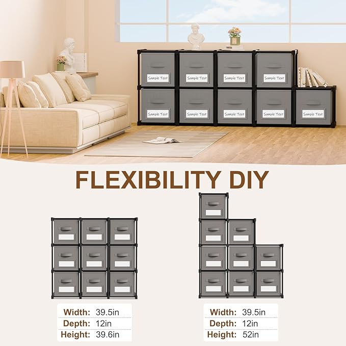 Geelin 9 Cube Storage Organizer with Fabric Bins and Labels 11 Inch, Fabric Collapsible Cubby Clothes Storage Drawer Dresser 