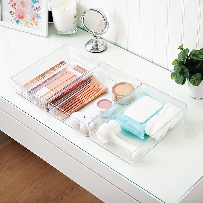 STORi SimpleSort 3-Piece Stackable Clear Drawer Organizer Set | 9" x 6" x 2" Rectangle Trays | Wide Makeup Vanity Storage Bin