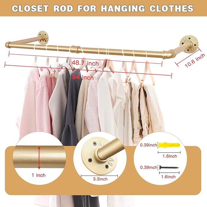 Gold Wall Mount Iaundry Drying Rack - 54" Pipe Garment Rack, Portable Heavy Duty Iron Closet Hanger Rod, Modern Metal Detacha