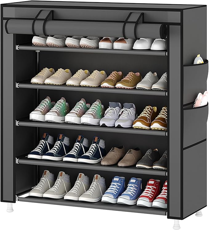 Laiensia 5-Tier Vertical Shoe Rack Organizer, Space Saving Shoe Storage Organizer, Non-Woven Cover Shoe Shelf Holds 20-25 Pai