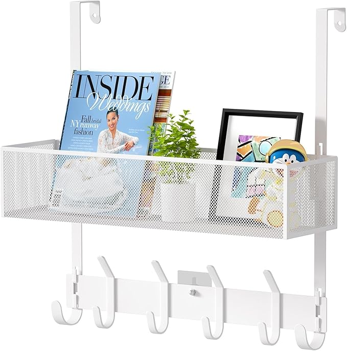 LUCYCAZ Over The Door Hooks Organizer, Door Hanger Storage with Coat Hooks Wreath Hanger & Mesh Basket, Over The Door Towel R