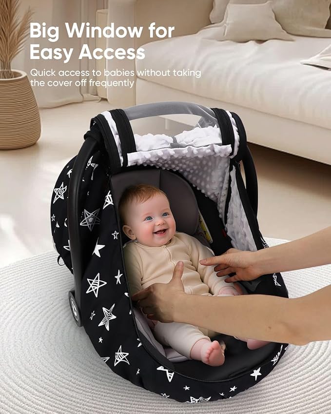 Car Seat Cover Baby Boy, Infant Car Seat Canopy Outdoor, 2 Layers with Mesh and Sun Shade Window for Summer Winter, Easy Acce