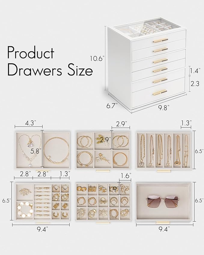 VLANDO 6 Layer Jewelry Box for Women, Glass Lid Jewelry Organizer with 6 Drawers for Necklaces Rings Earrings Bracelets - Whi
