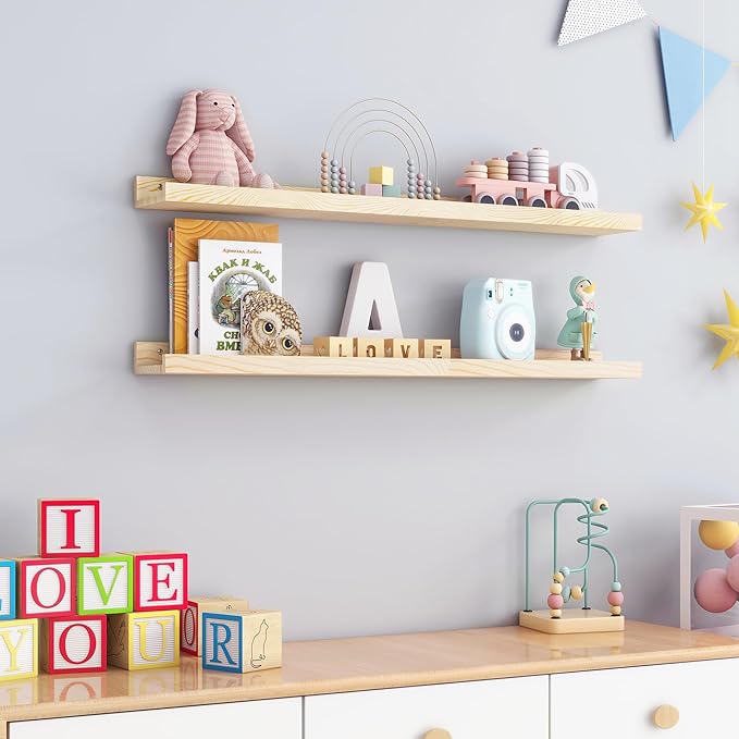 Picture Ledge Shelf for Wall, 36 inch Solid Ash Wood Nursery Book Shelves 2 Packs, Floating Shelves for Kids' Room Bedroom Ba