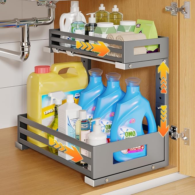 1-Pack Under Sink Organizers and Storage,2-Tier L Shape Pull Out Cabinet Organizer With Round Tube Slide Rails,Hight Adjustab