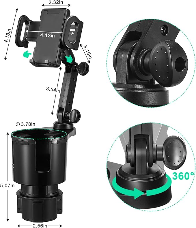 This Hill Car Cup Holder Expander 2-in-1 with Adjustable Base & 360° Rotating Phone Mount, Compatible with iPhone 17 Pro Max 