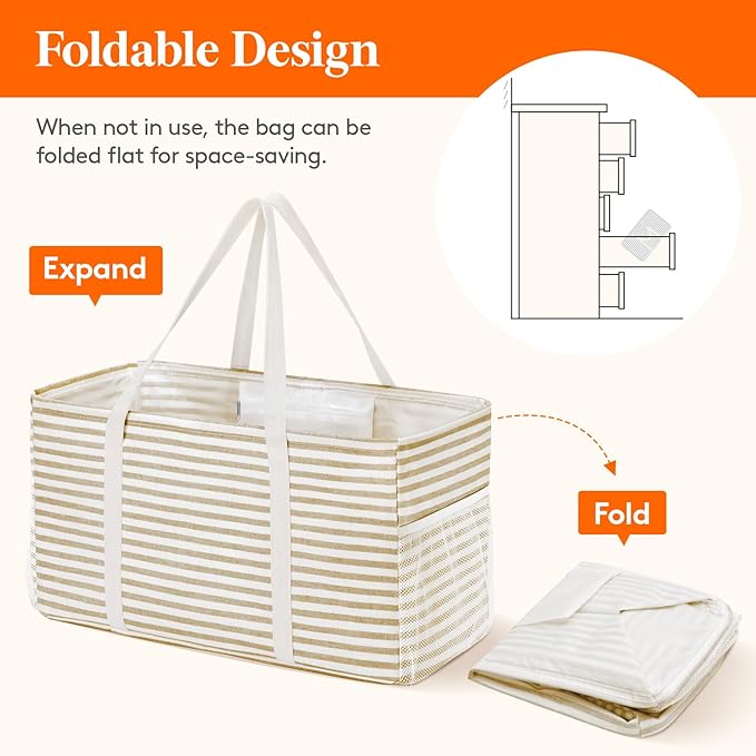 Lifewit Extra Large Tote Bag, Reusable Grocery Bags with Metal Wire Frame and Handles, Standing Utility Foldable Shopping Bags for Storage, Picnics, Beach, Laundry, Car, 46L, 1 Pack, Beige