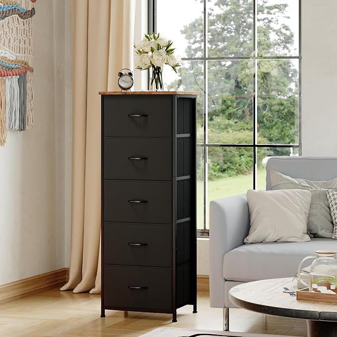 Somdot Tall Dresser for Bedroom with 5 Drawers, Storage Organizer Chest of Drawers with Removable Fabric Bins for Closet Beds