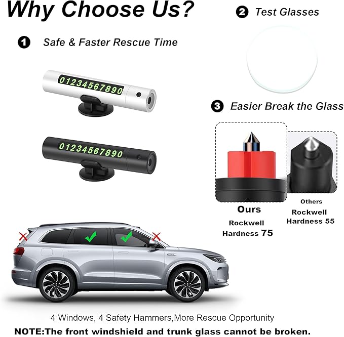 Upgraded 2026 Safe Hammer Glass Breaker Flashlight Car Parking Card, Car Hammer Seatbelt Cutter Window Breaker Emergency Esca