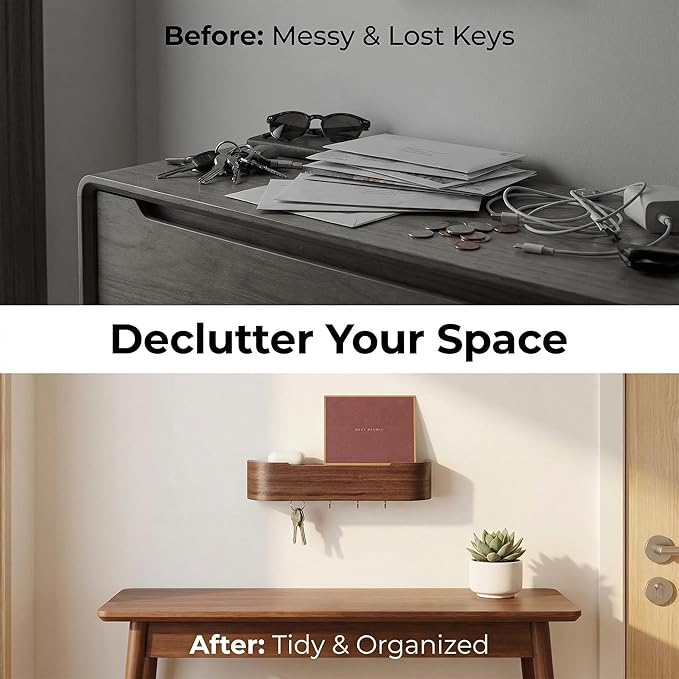 Wall Mount Key Holder with 5 Hidden Hooks Modern Key Hanger Rack Wood Entryway Hook Mail Organizer Tray Shelf Home Decor for 