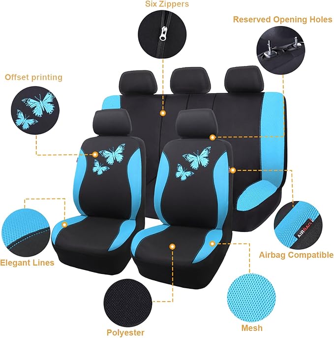 Flying Banner Butterfly car seat Covers ful Set Fashion Universal Lady Woman Female Rear Bench Split Colorized (Full Set, Min