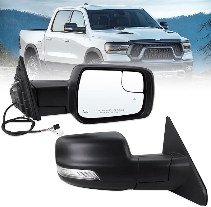 Right Passenger Side Mirror Fits 2019-2026 Ram 1500 With Power Folding Power Glass Heated Turn Signal Puddle Light Blind Spot Matte Black Replace#68276502AH(9+2Pins)