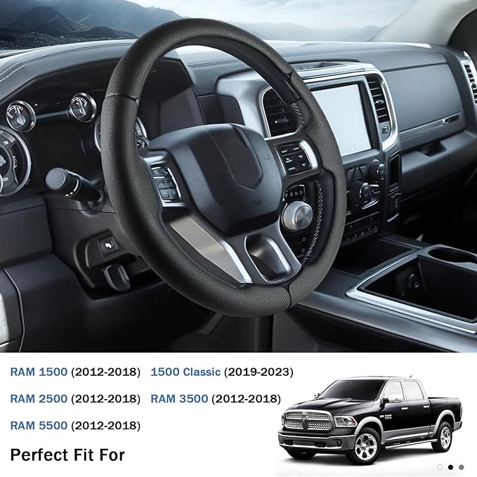 Steering Wheel Cover for Ram 1500, Car Steering Wheel Cover for Dodge Ram 1500 (2012-2018) 1500 Classic(2019-2023) 2500(2012-2018) 3500(2012-2018) 5500(2012-2018), Perforated Black