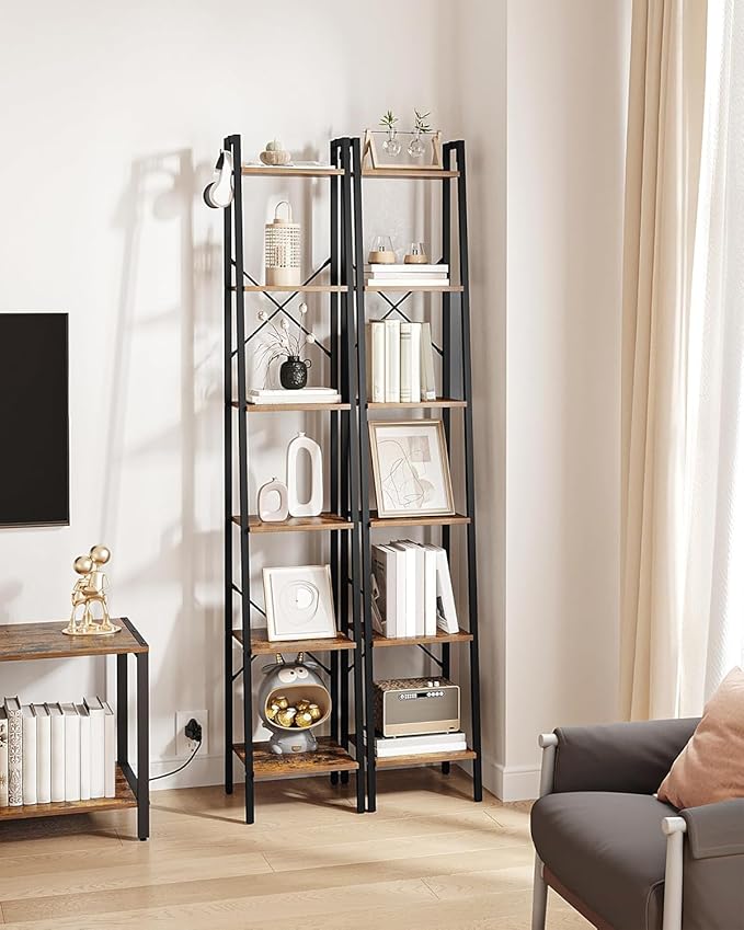 Hzuaneri Ladder Shelf, Bookshelf Bookcase, Freestanding Corner Storage Shelve with 2 Hooks for Home Office, Living Room, Kitc