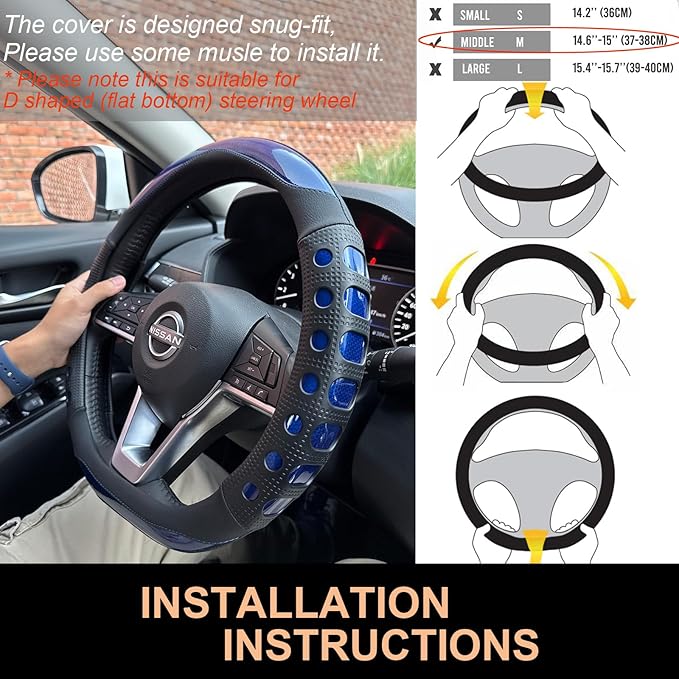 PINCTROT D Shaped Race Grip Steering Wheel Cover, Anti Slip Silicone Perforated Design with Soft Touch Padding, Enhanced Grip for Sporty Driving Flat Bottom 14.5-15 Inch (Racing Blue)
