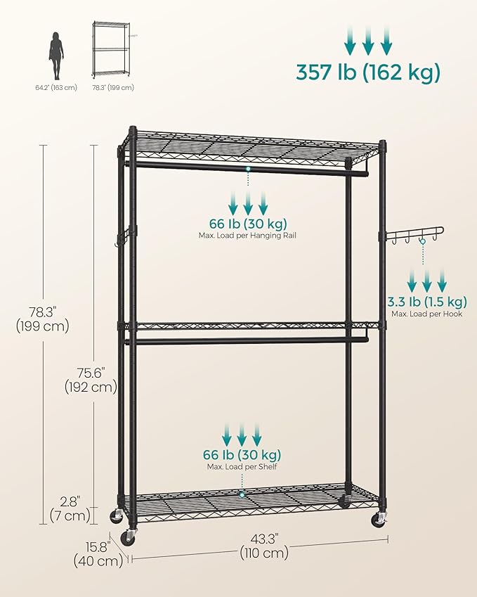 SONGMICS Heavy-Duty Rolling Clothes Rack, Garment Rack, Portable Closet, 43.3-Inch Wide Clothing Rack on Wheels, with Adjusta