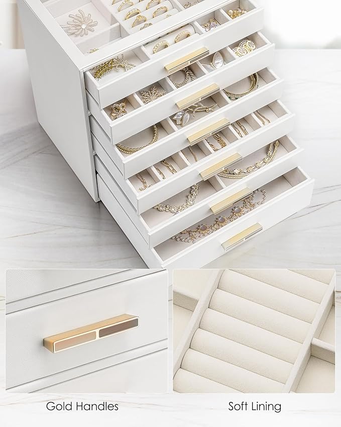 VLANDO 6 Layer Jewelry Box for Women, Glass Lid Jewelry Organizer with 6 Drawers for Necklaces Rings Earrings Bracelets - Whi