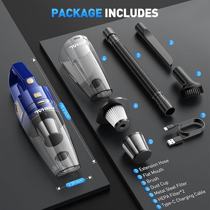 Handheld Vacuum Cordless, 15000PA Powerful Suction Car Vacuum Cleaner Lightweight with Multi Accessories, Hand held Vacuum Cl