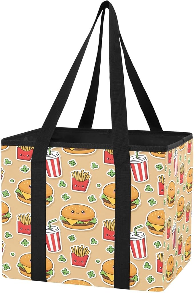 Kawaii Fast Food Reusable Grocery Bags Large Shopping Tote Bag with Reinforced Bottom Board, Water Resistant Foldable Storage